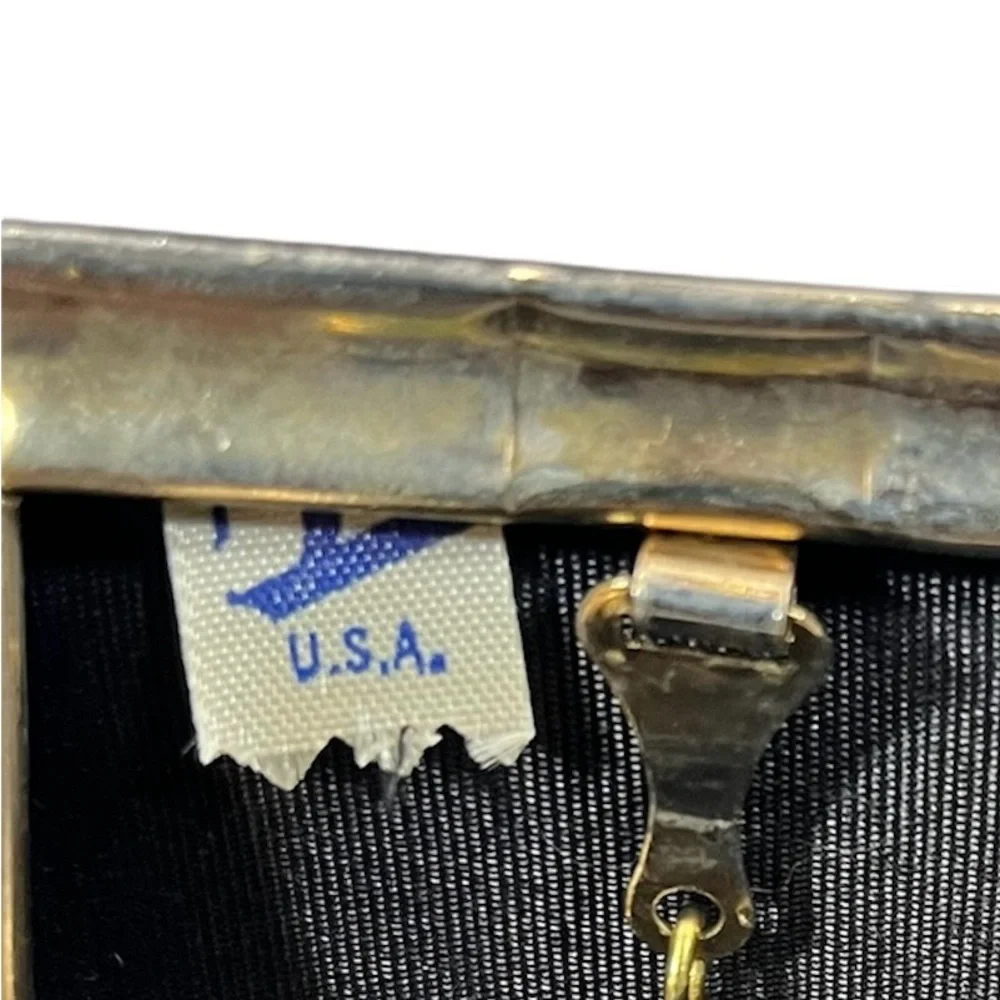 Vintage Patent Leather Evening Clutch Kiss Lock Gold Rhinestone Flower